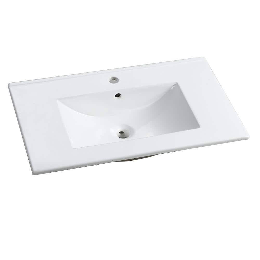 Glossy White Rectangular Ceramic Bathroom Sink Basin, 30 Inch