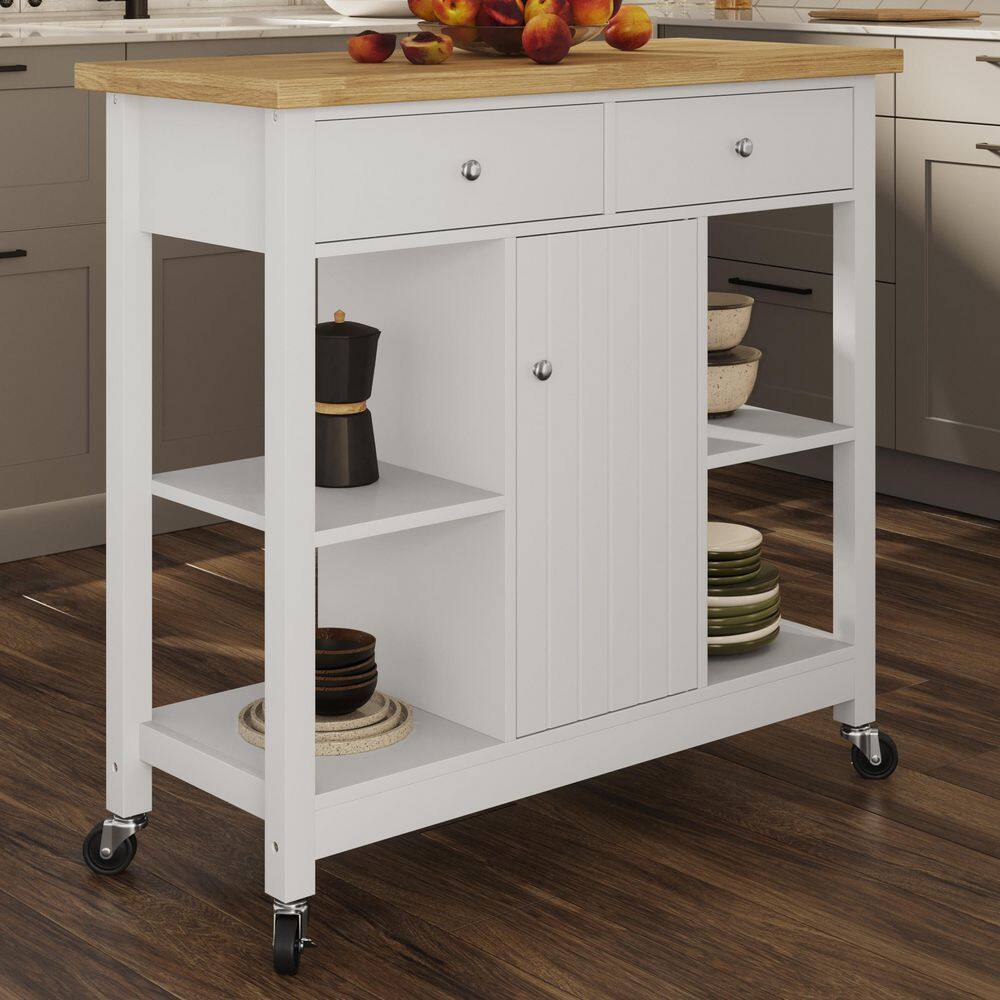 White Wood Butcher Block Kitchen Cart with Storage
