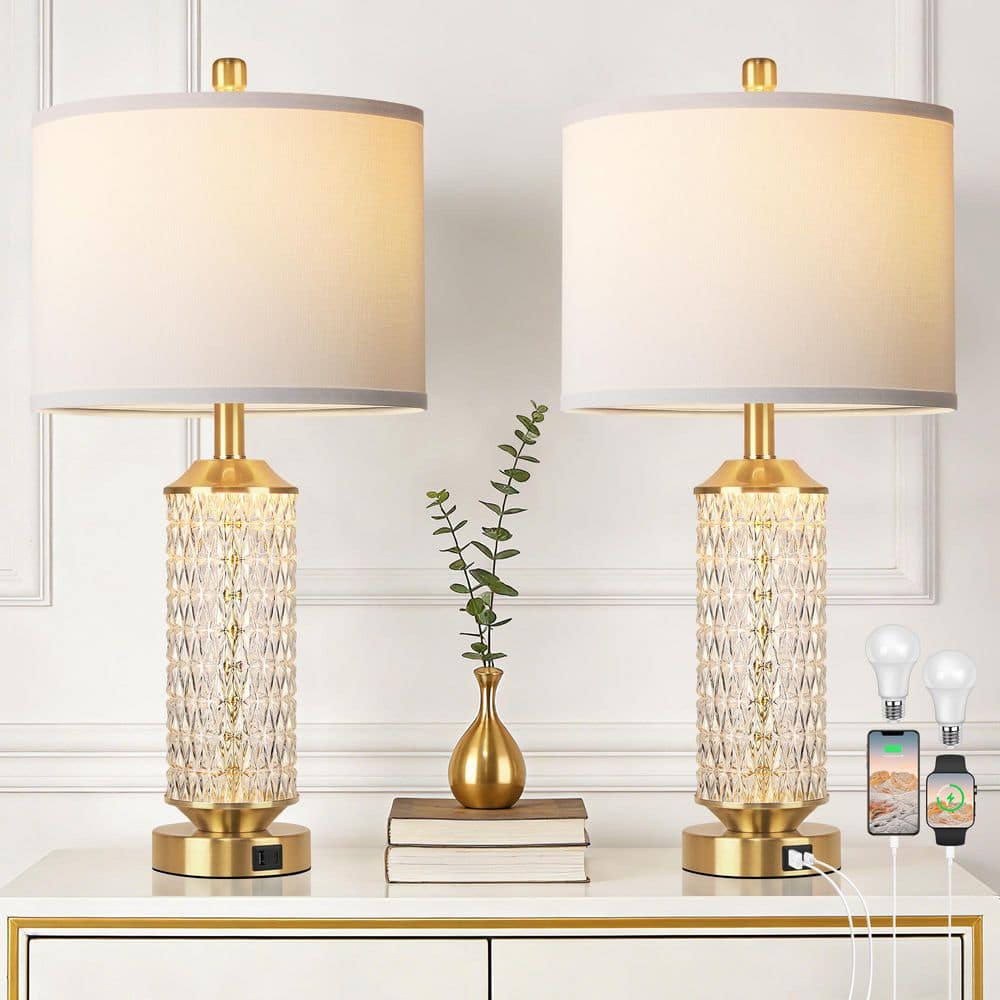 26 in. Gold Modern Glass Table Lamp Set of 2, Beside Lamps with Linen Shade and USB A+C Ports for Bedroom price history on PriceWatchPro