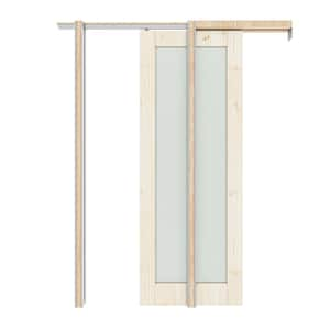 30 in. x 80 in. 1-Lite Frosted Glass Solid Core Pine Wood Unfinished Pocket Sliding Door with Pocket Door Hardware