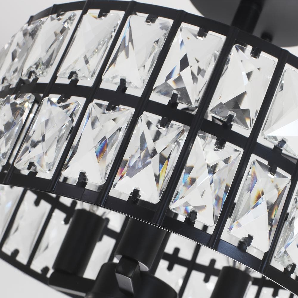 Black Metal and Crystal Drum Semi-Flush Mount Ceiling Light