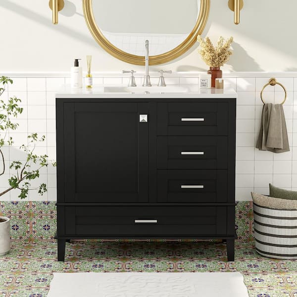 36 in. Single Sink Freestanding Black Bath Vanity with White Ceramic Top and 3 Drawers Storage Door Cabinet Unassembled