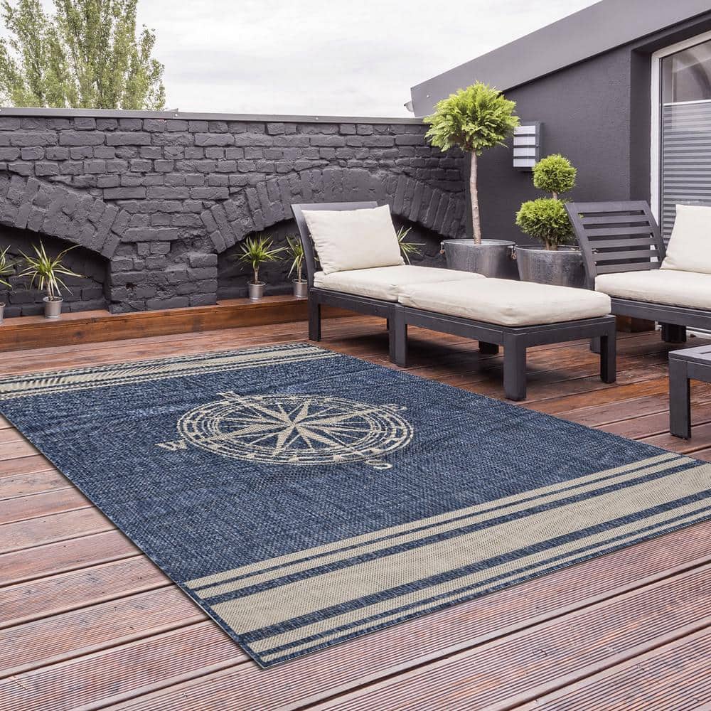 Nautical Blue and White Compass Stripe Indoor/Outdoor Rug