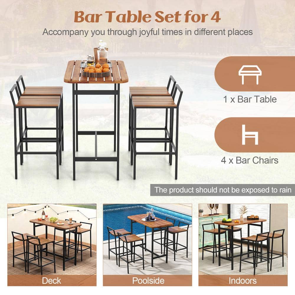 Natural and Black Acacia Wood 5-Piece Bar Height Table Set
