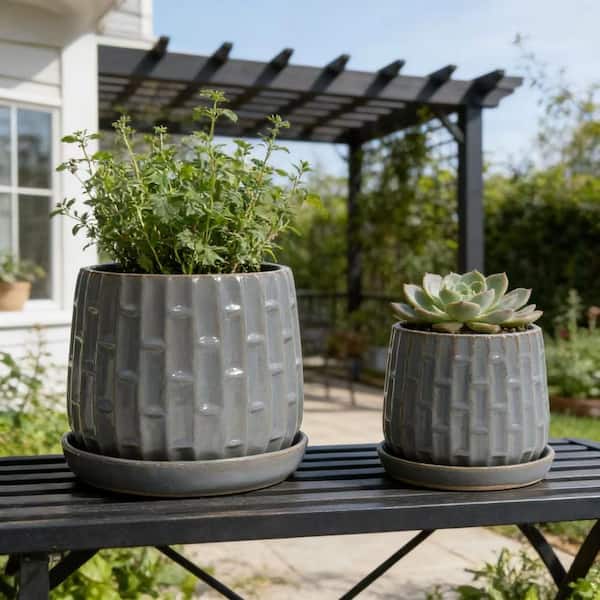 2-Piece Antique Grey Ceramic Round Planter Set, 7.87 in. W x 7.87