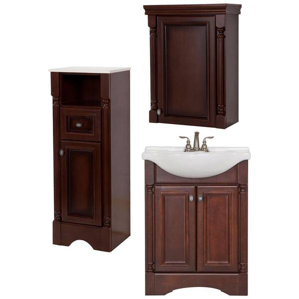 Glacier Bay Valencia Bath Suite with 25 in. Vanity with Vanity Top, Mirror, Linen Tower and OJ in Glazed Hazelnut