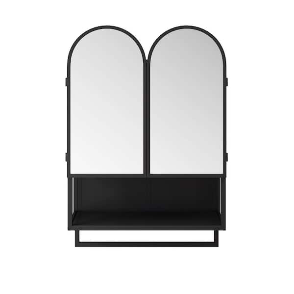 23.62 in. W x 32.68 in. H Black Arched Medicine Cabinet with Mirror, Adjustable Shelves and Towel Rack