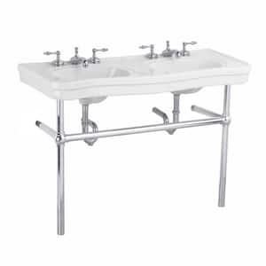 White Vitreous China Double Basin Bathroom Console Sink 46 3/4" W with Brass Bristo Legs Pedestal, Towel Bar