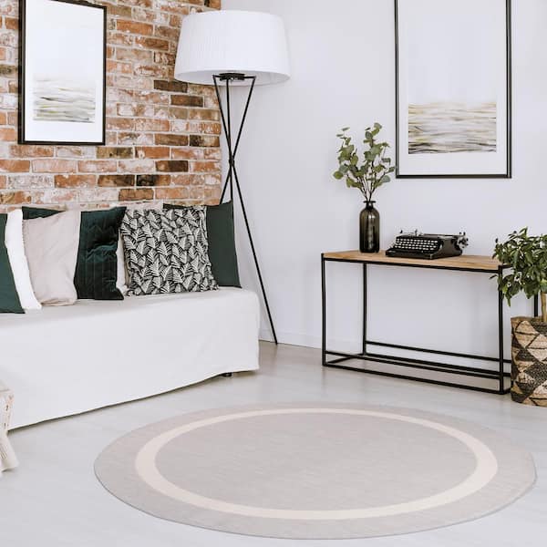 Waikiki Grey/White 7 ft. Round Bordered Indoor/Outdoor Area Rug