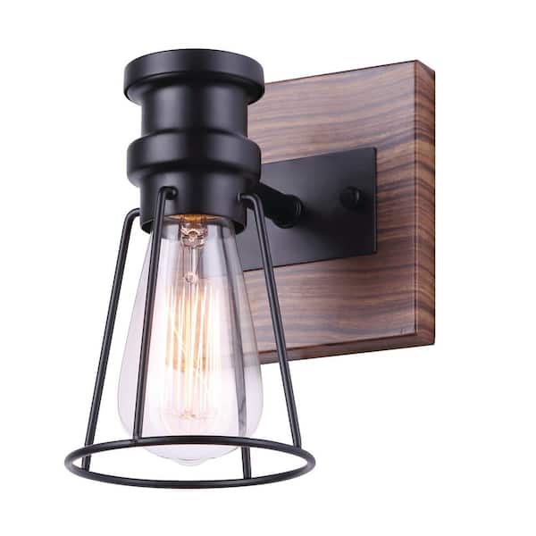 CANARM Blake 5 in. 1-Light Matte Black and Faux Wood Vanity Light