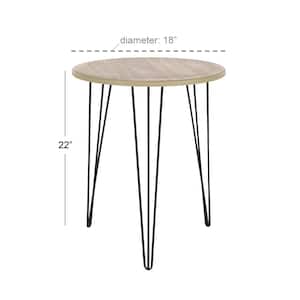 18 in. Brown Large Round Wood End Accent Table with Black Metal Hairpin Legs