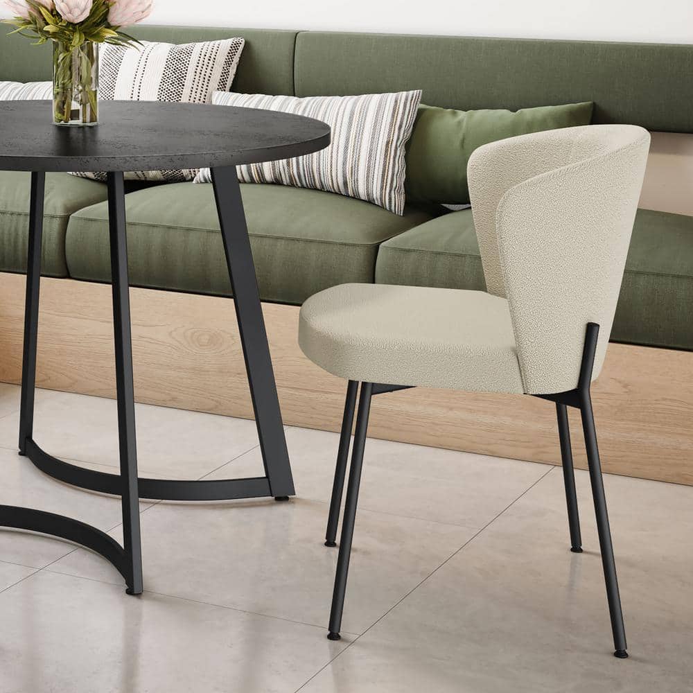 Cream Bouclé Upholstered Parsons Side Chair with Black Metal Legs