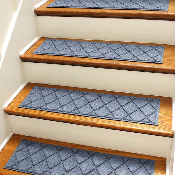 Bungalow Flooring Waterhog Argyle Bluestone 8.5 in. x 30 in. PET Polyester Indoor Outdoor Stair Tread Cover (Set of 4)