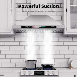 35.4 in. 900CFM Wall Mount Range Hood Silver Gesture/Touch Control Exhaust Fan Ducted/Ductless Stove Hood