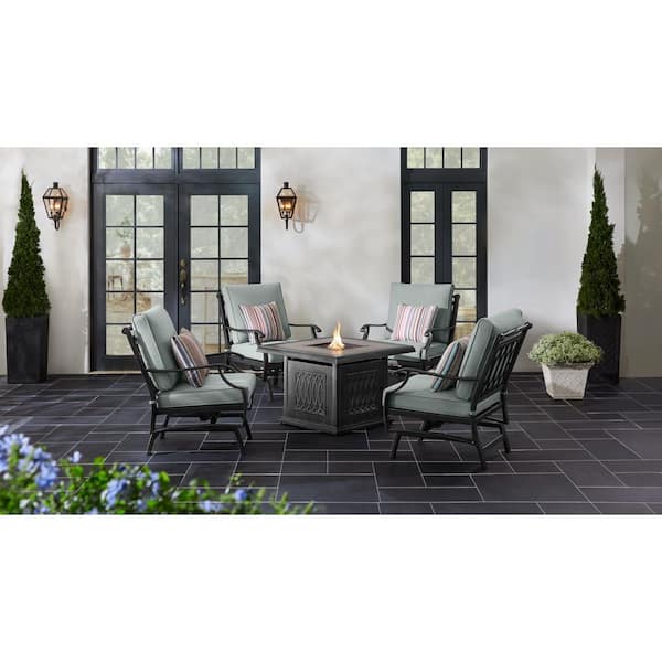 Home Decorators Collection St. Charles 5-Piece Metal Motion Outdoor Fire Conversation Patio Set with Performance Acrylic fabric Cast Mist Cushions