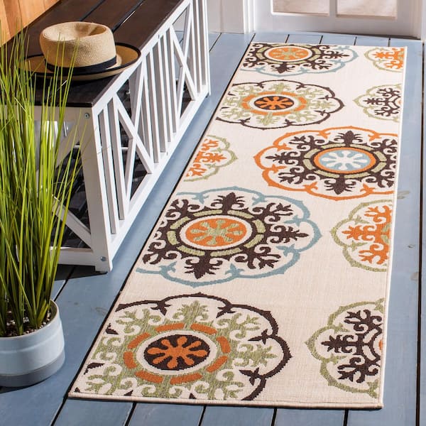 Veranda Cream/Terracotta 2 ft. x 8 ft. Floral Ornate Indoor/Outdoor Runner Rug