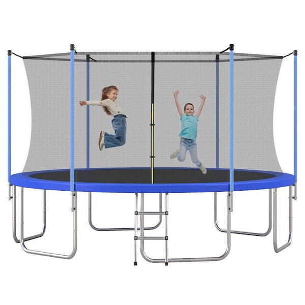 Unbranded 14 ft. Outdoor Round Recreational Kids Trampoline with Safety Inner Net, Easy to Assemble Blue