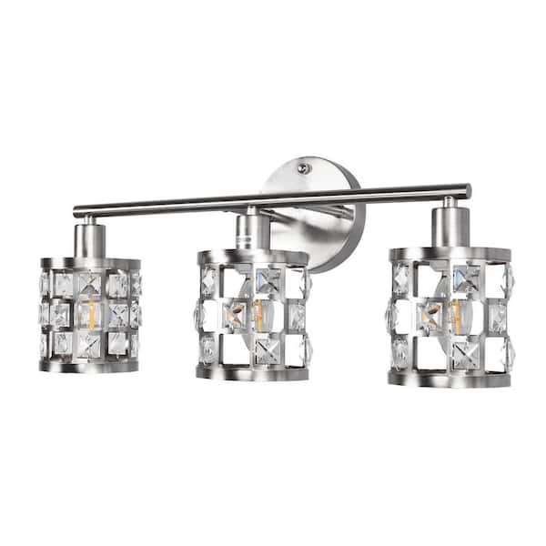 20 in. 3-Light Brushed Nickel Modern Industrial Bathroom Vanity Light Over Mirror with Crystal Shade for Vanity, Mirror