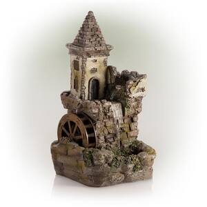 35 in. Tall Outdoor Fairy Castle Waterwheel Tiered Fountain Yard Art decoration