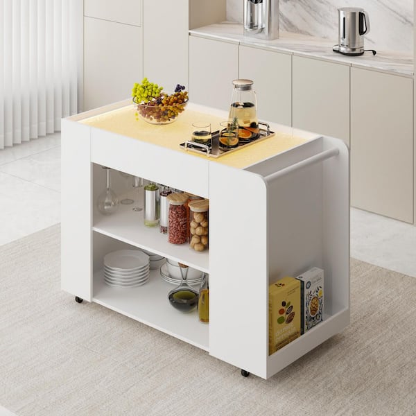White Wood 47.8 in. W Kitchen Island Cart, Sideboard with Textured Glass Top, LED Light, 3 Open Shelves & Side Towel Bar