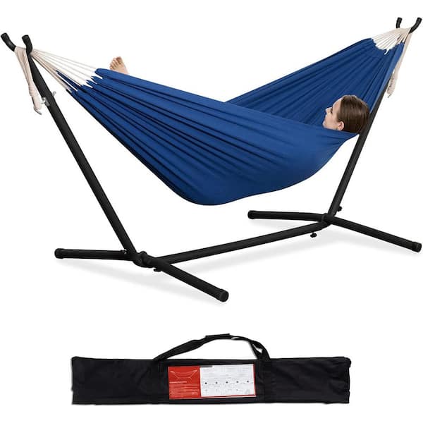 Unbranded 9 ft. 2-Person Heavy Duty Double Hammock with Space Saving Steel Stand, 450 lbs. Capacity and Carrying Bag in Navy