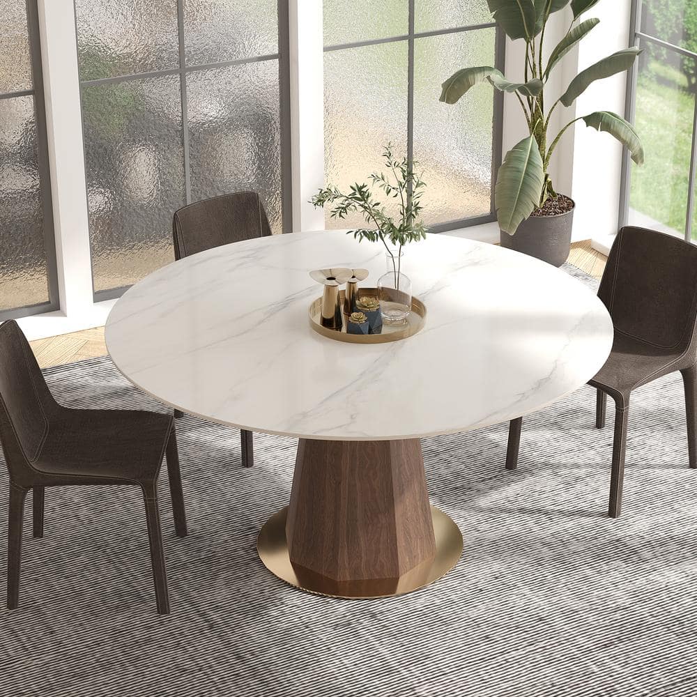 Modern Round White Snow Mountain Stone Tabletop 53.15 in. Walnut Pedestal D