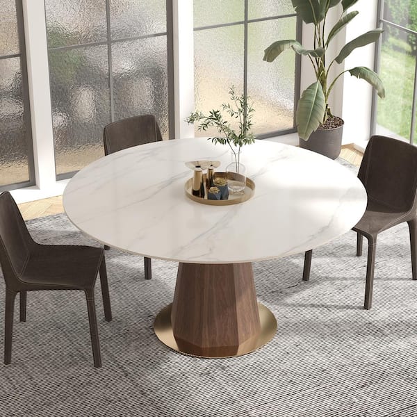 Modern Round White Snow Mountain Stone Tabletop 53.15 in. Walnut Pedestal Dining Table (Seats-4)