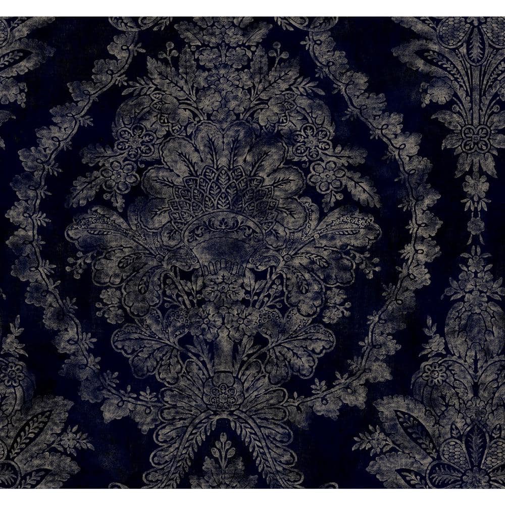 Navy Vinyl-Coated Damask Wallpaper with Acanthus Leaves