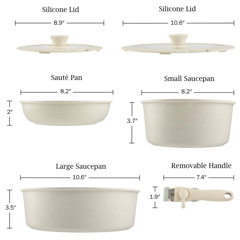 Cream 8-Piece Nonstick Aluminum Cookware Set with Detachable Handle
