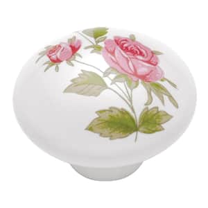English Cozy 1-1/2 in. White/Pink Rose Cabinet Knob