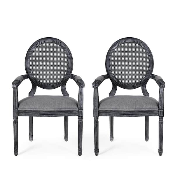 Noble House Huller Gray Wood and Cane Arm Chair (Set of 2)
