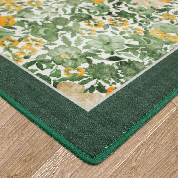 Loveston Floral Chenille Green 5 ft. x 7 ft. Polyester Runner Rug