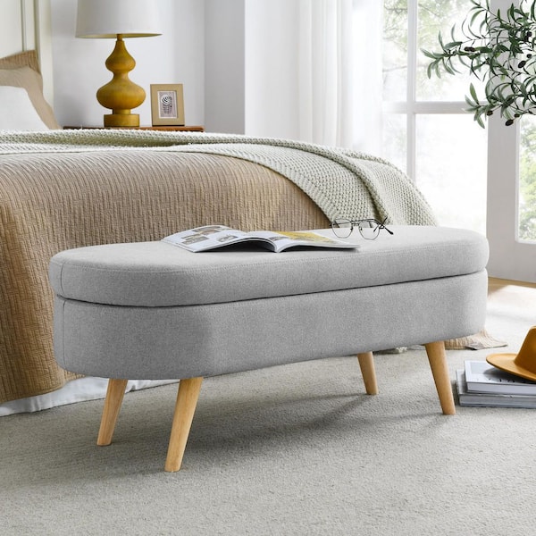 43.5 in. Grey Oval Storage Ottoman Bench with Rubber Wood Legs, Linen Upholstered Footstool Seat for Bedroom