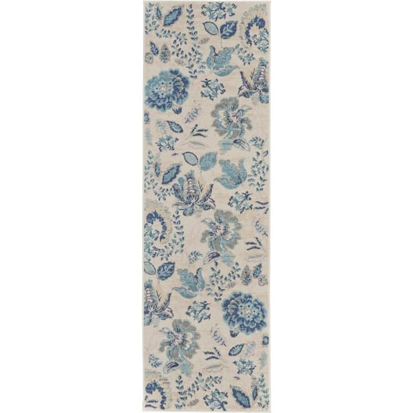 2 ft. x 7 ft. White Floral Washable Runner Area Rug