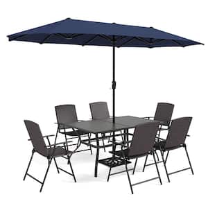 Black 8-Piece Metal Slat Rectangle Table Patio Outdoor Dining Set with Umbrella and Folding Reclining Rattan Chairs