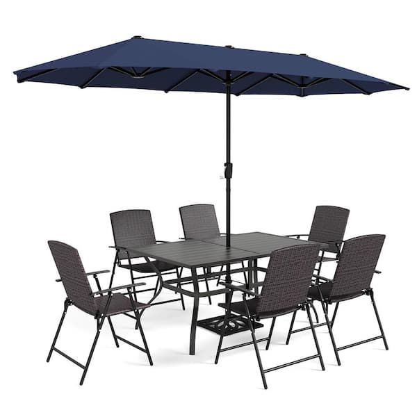 PHI VILLA Black 8-Piece Metal Slat Rectangle Table Patio Outdoor Dining Set with Umbrella and Folding Reclining Rattan Chairs