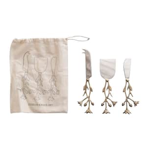 3-Piece 3.75 in. Stainless Steel and Brass Cheese Knives and Spreaders with Floral Handle and Drawstring Bag