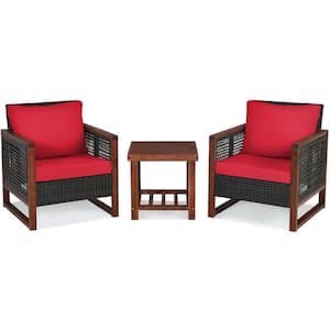 3-Piece Wood Patio Conversation Set with Red Cushion
