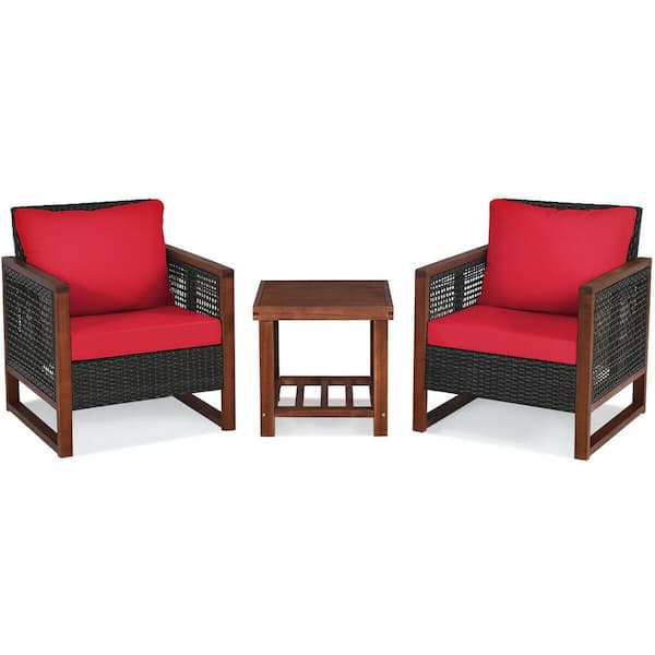 WELLFOR 3-Piece Wood Patio Conversation Set with Red Cushion