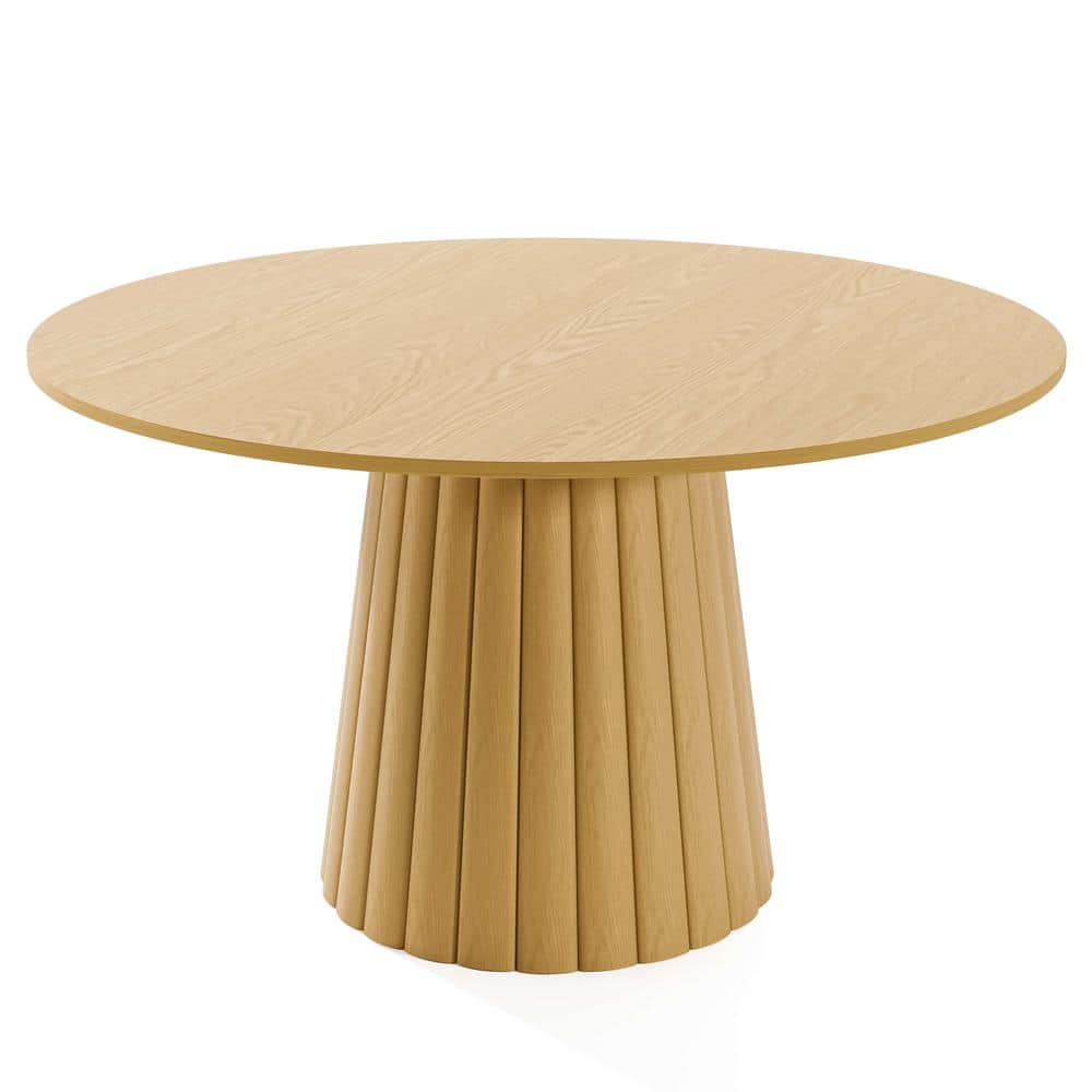 52 in. Natural Oak Wood Color Column Pedestal Round Kitchen Table Dining Table Seats 4
