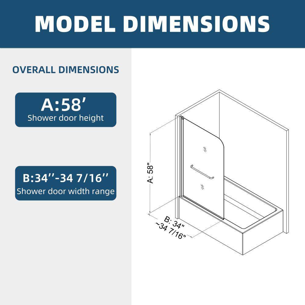 34"W x 58"H Matte Black Frameless Pivot Tub Door with Clear Glass