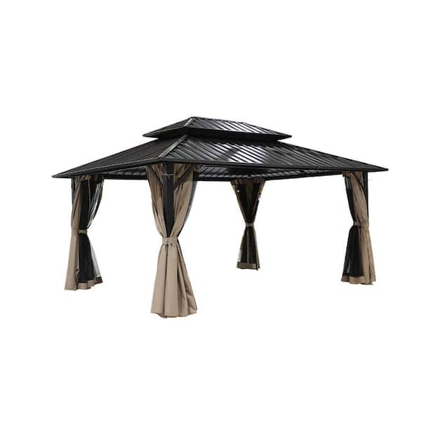 12 ft. x 16 ft. Hardtop Gazebo with Aluminum Frame, Double Roof Top with Brown Curtain and Netting