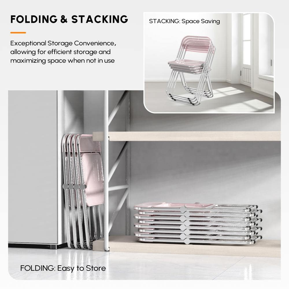 Pink Acrylic Folding Utility Chairs with Metal Frames, Set of 2