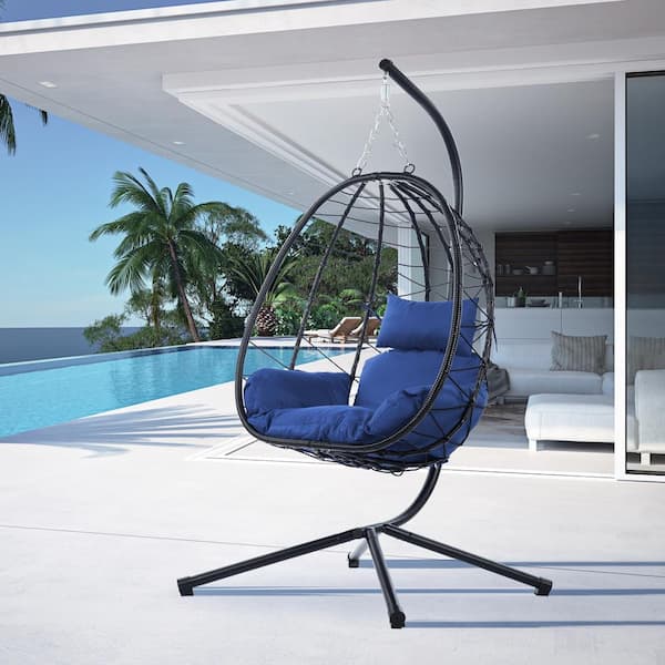 Boosicavelly Outdoor Patio Black Steel Wicker Frame Hanging Swing Egg Chair with Stand with Navy Blue Cushion