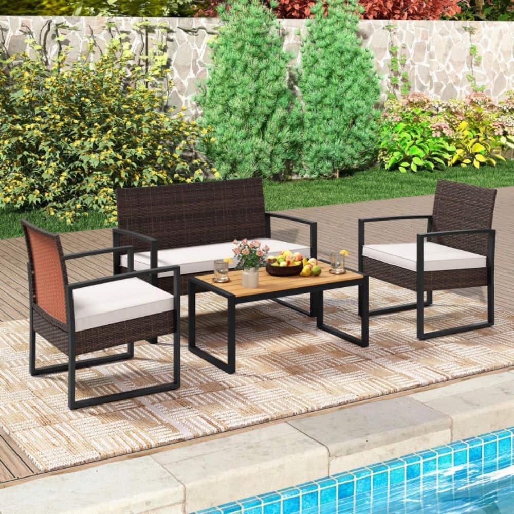 4-Piece Wicker Rattan Patio Conversation Set Outdoor Furniture Set with Off White Cushions, Wood Top Coffee Table price history on PriceWatchPro