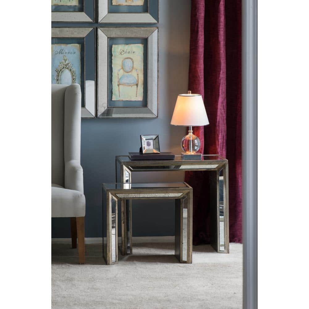 Waverly Mirrored Nested Side Tables with Distressed Wood Frame