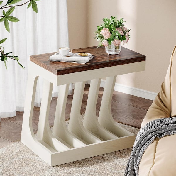 TRIBESIGNS WAY TO ORIGIN Andrea 23.62 in. Brown and White C-shaped Engineered Wood End Table Sofa Side Table Accent Table for Living Room Bedroom