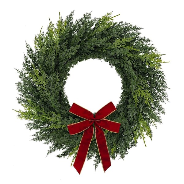 22 in. PE Cypress Artificial Christmas Wreath with Bow