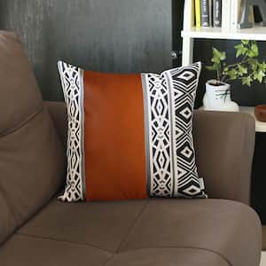 Bohemian Handmade Vegan Faux Leather Brown 17 in. x 17 in. Square Abstract Geometric Throw Pillow