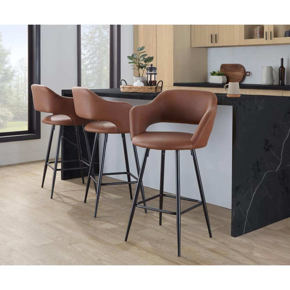 Margarite 25.25 in. Brown Faux Leather and Black Metal Fixed-Height Counter Stool (Set of 2) price history on PriceWatchPro
